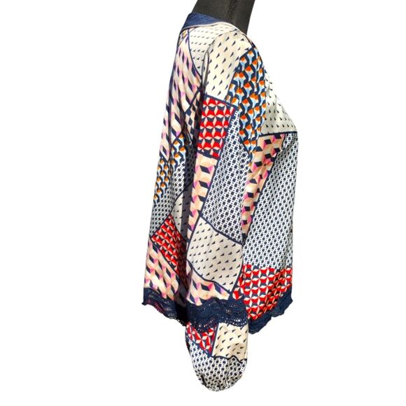 Silky Geometric Patchwork Blouse Crochet accents- Skies Are Blue, Size M - Picture 2 of 9